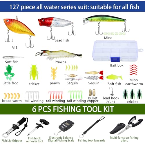 Seenelling 482 Pcs Fishing Tools Kit Fishing Accessories Kit Include Fish Hook Lures Hook Remover Lip Gripper Backpack for Men Women Gifts - color: Camo
