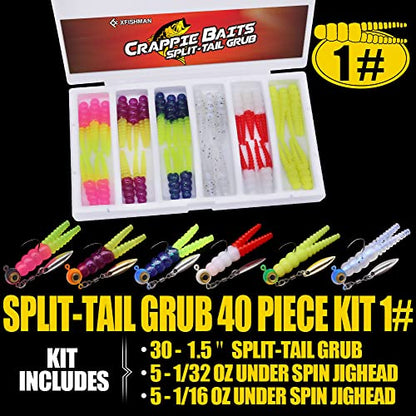 Crappie Jigs and Lures Kit -135 & 40 Piece Set with Plastics, Jig Heads, Split-Tail Grub Baits - Perfect for Crappie Fishing, Panfish Lures - color: Split-Tail Grub 40 pc. KIT Combo 1