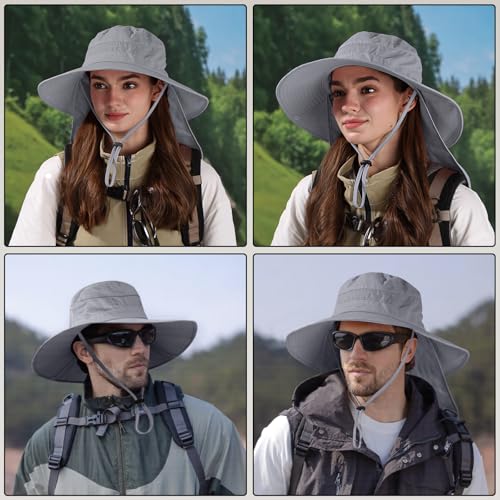 Sun Hats for Men Women, UPF50+ Protection Safari Hat,Wide Brim Fishing Hat with Neck Flap,Bucket Hats for Beach Hiking - color: Darkgreysleeves