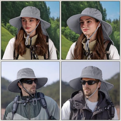 Sun Hats for Men Women, UPF50+ Protection Safari Hat,Wide Brim Fishing Hat with Neck Flap,Bucket Hats for Beach Hiking - color: Darkgreysleeves