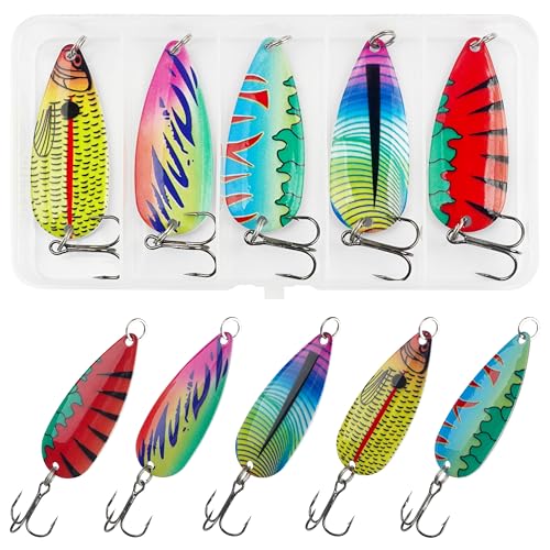Fishing Spoons Saltwater Fishing Lures,5pcs Trolling Spoon Lure with Treble Hooks Metal Jigs Lures for Bass Trout Tuna Salmon Grouper Freshwater Saltwater - size: 1/8oz(3.5g)