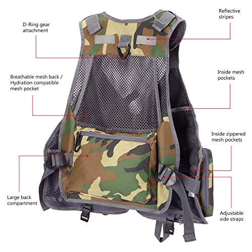 BASSDASH Strap Fishing Vest Adjustable for Men and Women, for Fly Bass Fishing and Outdoor Activities - color: F22 - Green Camo