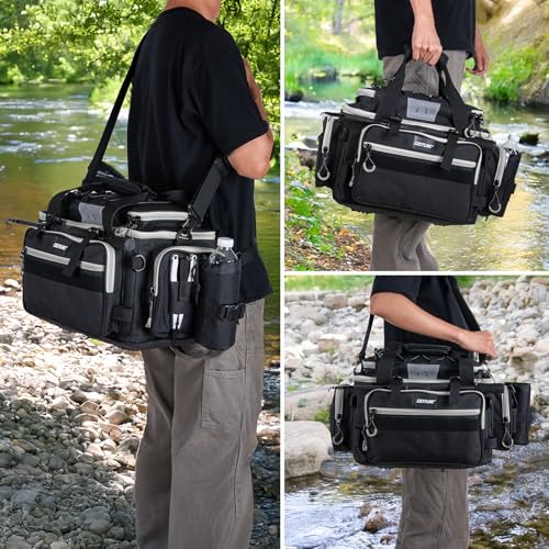 Goture Fishing Tackle Bag with 2pcs 3600 Tackle Boxes, 600D Water-Resistant Soft Side Saltwater Gear Storage Fishing Bag with Rod Straps, Detachable Water Bottle Pouch, Waterproof Bottom, SBS Zippers - color: C1:Black Gray with 2 3600 Tackle Boxes, size: