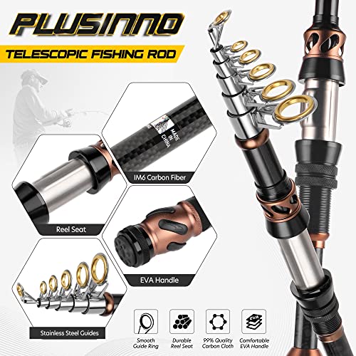 PLUSINNO Fishing Rod and Reel Combos - Carbon Fiber Telescopic Fishing Pole - Spinning Reel 12 +1 Shielded Bearings Stainless Steel BB - color: Fishing rod+reel(No Lures&Line), size: 1.8M 5.91FT