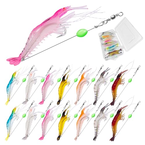 14Pcs Saltwater Fishing Lures Set with Box, 7 Colors Shrimp Lures Gear, Soft Artificial Shrimp Fishing Tackle with Luminous Sharp Hooks, Ocean Fishing Shrimp Bait for Saltwater and Freshwater