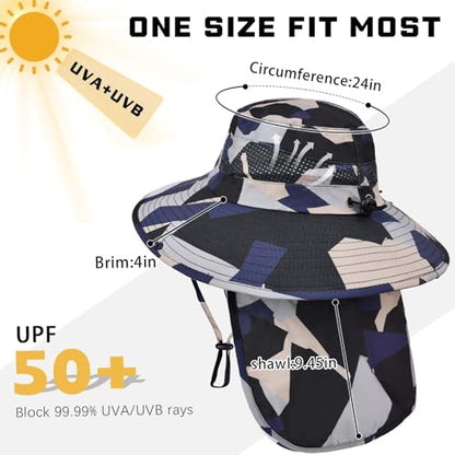 Sun Hats for Men Women, UPF50+ Protection Safari Hat,Wide Brim Fishing Hat with Neck Flap,Bucket Hats for Beach Hiking - color: Camobeige