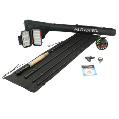 Wild Water Standard Fly Fishing Combo Starter Kit, 5 or 6 Weight 9 Foot Fly Rod, 4-Piece Graphite Rod with Cork Handle, Accessories, Die Cast Aluminum Reel, Carrying Case, Fly Box Case & Fishing Flies