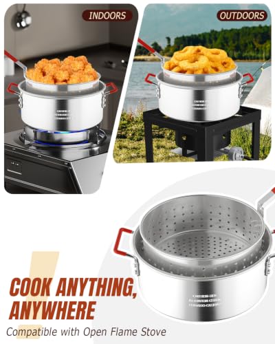 10QT Fish Fryer Pot with Basket, Lid & Tongs, Alumuinum Frying Pot | Deep Fryer Pot with Thermometer, For Fish, Chicken Wings & French Fries, Open Flame Only