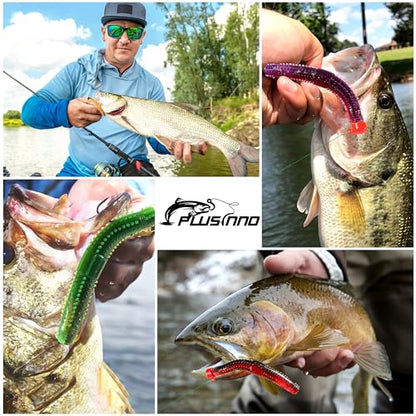 PLUSINNO Wacky Worm Fishing Lure Kit, Soft Plastic Fishing Lures, Grub Baits Hook Wacky Rig Bass Trout Fishing Worms Lures w/Tackle Box - color: 65PCS Stick Worms Ned Rig Kit