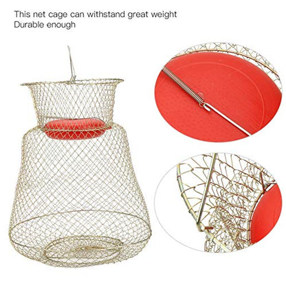 Floating Fish Basket, Sturdy Stainless Steel Collapsible Fishing Net Cage with Spring Door, Portable Foldable Round Metal Fish Trap for Shrimp Crab Trout Outdoor Fishing