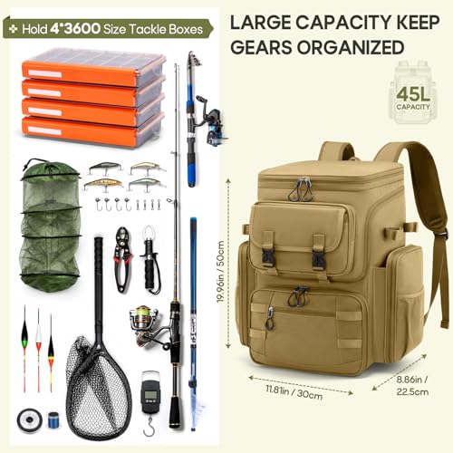 RAINSMORE Fishing Backpack, 45L Large Water-resistant Fishing Tackle Bag | with 4 Rod Holders & Insulated Cooler & Rain Cover Professional 900D Oxford Tackle Backpack for Men Gift Khaki - color: Khaki