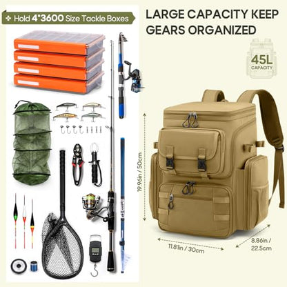 RAINSMORE Fishing Backpack, 45L Large Water-resistant Fishing Tackle Bag | with 4 Rod Holders & Insulated Cooler & Rain Cover Professional 900D Oxford Tackle Backpack for Men Gift Khaki - color: Khaki