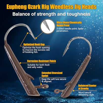 Eupheng 15PCS Ozark Rig Weedless Jig Heads, Hover-Style Texas Rig Alternative Hooks for Saltwater & Freshwater 1/8oz 3/16oz 1/4oz 3/8oz - size: 1/8oz(3.5g)-15PCS