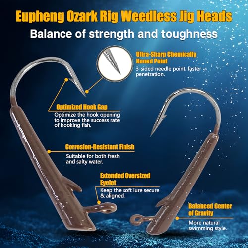 Eupheng 15PCS Ozark Rig Weedless Jig Heads, Hover-Style Texas Rig Alternative Hooks for Saltwater & Freshwater 1/8oz 3/16oz 1/4oz 3/8oz - size: 3/16oz(5.3g)-15PCS