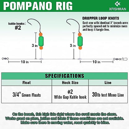 Pompano-Rigs-for-Surf-Fishing-Saltwater-Gear with Double Circle & Wide Gap Hook-6-Pack Surf Fishing Tackle - color: Green Floats 6-Pack, size: #2 Wide Gap Hook