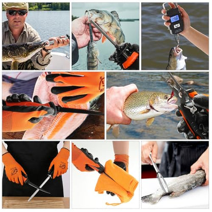 RoundFunny 14 Pcs Fishing Tool Kit, Fillet Knife, Fishing Pliers with Lanyard, Digital Scale, Lip Gripper, Hook Remover Fish Scaler Braid Scissors Gloves Sharpening Rod Retractor Towel Bag - color: Orange, style: B