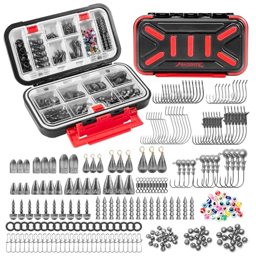 MadBite by KastKing 182/265/400pcs Compact Fishing Tackle Kit - All-in-One Freshwater Hooks, Weights, Bobbers in Tackle Box, Fishing Gear Set for Bass Trout Panfish - style: 265pcs Terminal Tackle Kit