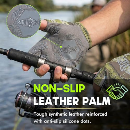 Riverruns SwiftShield Fishing Gloves Shortened Wrist UPF50+ Sun Gloves Fingerless Lightweight Breathable Hiking Driving Kayaking Paddling - color: CamoGreen, size: X-Large