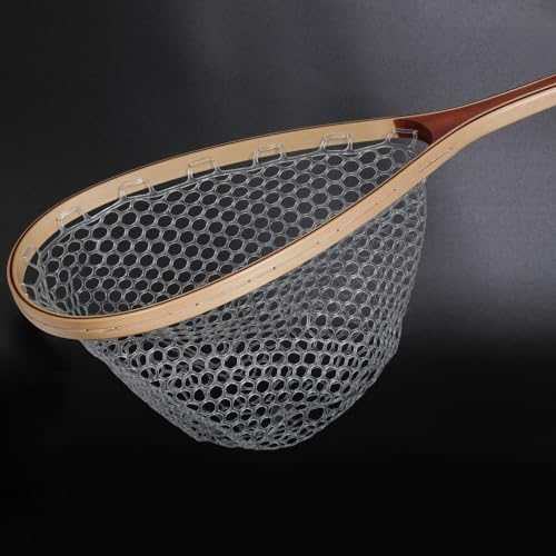 Kylebooker Fly Fishing Landing Net Wooden Frame Trout Fishing Net Soft Rubber Mesh for Catch and Release - color: Round Shape-Round Hole