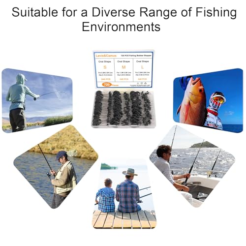 Lavie&Camus 720PCS Fishing Bobber Stopper, Oval Floats Sinker Stops, 6 in 1 Black Rubber Bobber Stops, L M S Size Float Stop Kit