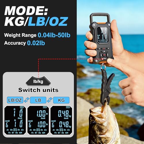 SNAIL TRAIL 8 Storage Bins Digital Fishing Scale & Lip Gripper with Auto-Rank, Large & High Contrast Backlit LCD Display, Multi-Mode(LB, LB-OZ, KG), 50 lbs Tournament Bass Fish Weigher, Gift for Men - color: Black