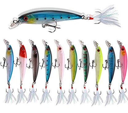 Minnow Fishing Lures Hard Bait Life-Like Swimbait Bass Crankbait 3D Fishing Eyes Treble Hooks Flasher Feathers for Bass Trout Walleye Redfish Saltwater Freshwater