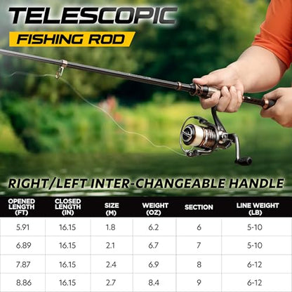 PLUSINNO Fishing Rod and Reel Combos - Carbon Fiber Telescopic Fishing Pole - Spinning Reel 12 +1 Shielded Bearings Stainless Steel BB - color: X-Fishing rod+reel(No Lures&Line), size: 1.8M 5.91FT