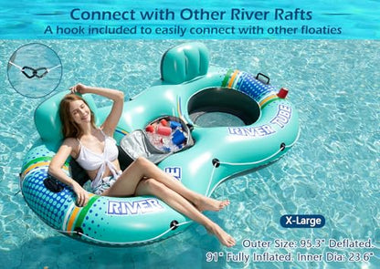 Jasonwell Heavy Duty 2 Person Inflatable River/Pool Tube Float with Removable Cooler, Tubes for Lake, Floating River Raft Lounge Floatie with 2 cup Holders For Adults, Cyan - style: DoubleTube-Cyan