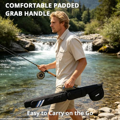 PEKREWS Fly Rod Case, 30.5" Fishing Rod Bag Fit 9' 4-Piece Fly Rod and Reel with 2 Side Pockets, Padded Reel Pouch, Hard Travel Fly Rod Tube with Shoulder Strap, Fishing Pole Holder For Angler, Blue - color: Blue
