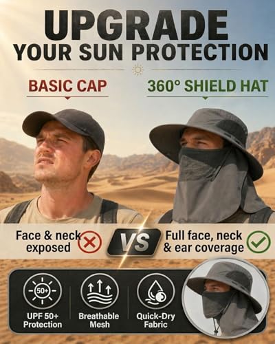Mens Sun Hat with Neck Flap & Face Cover UPF 50+ Ultimate 360° All Terrain UV Protection Wide Brim Bucket Hats Hiking Fishing - color: Dark Gray