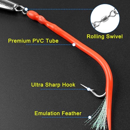 Diamond Jig Saltwater Fishing Lures Casting Jigging Spoon with Tube Tail Stainless Steel Hooks Trolling Lures Striped Bass Metal Jig for Deep Sea Surf Fishing Bottom Dragging Sinking - color: Red, size: 6 oz