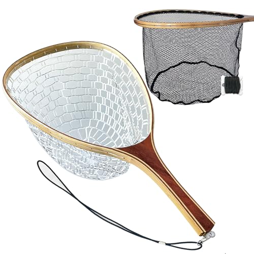 Fly Fishing Landing Net Trout Soft 23.62in Rubber Fish Net with Wooden Handle Frame Fly Fish Net