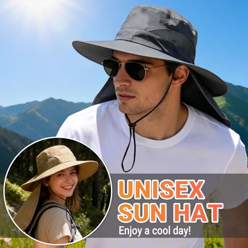 NPQQUAN Sun Hats for Men Women with Neck Flap UPF 50+ UV Protection Wide Brim Bucket Hat Safari Hiking Fishing Hats - color: Black（neck Flap）