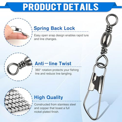 SILANON Fishing Barrel Swivels Snaps, Barrel Swivel with Safety Snap Stainless Steel Brass Swivels Fishing Tackle Line Connector High Strength Solid Rings for Saltwater Freshwater - size: 14#-15lb-60pcs