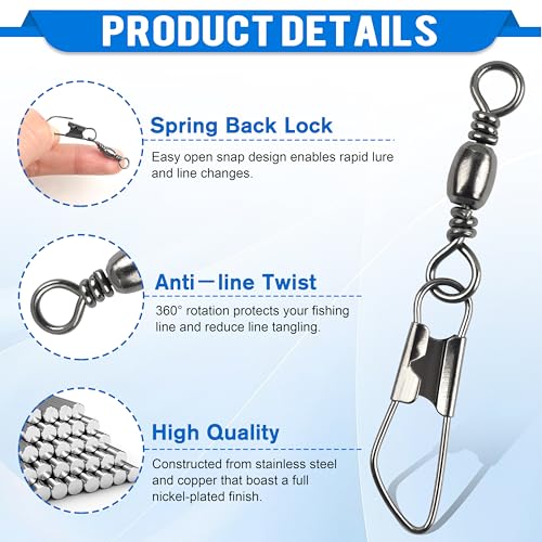 SILANON Fishing Barrel Swivels Snaps, Barrel Swivel with Safety Snap Stainless Steel Brass Swivels Fishing Tackle Line Connector High Strength Solid Rings for Saltwater Freshwater - size: 2#-40lb-60pcs
