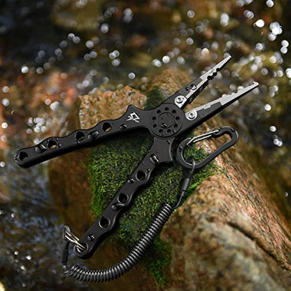 Piscifun Saltwater Fishing Pliers, Aluminum, Split Ring, Braid Cutter | Hook remover, tungsten carbide blade, spring-loaded jaws, ergonomic grip, sheath and lanyard - color: Black, style: Nylon Sheath
