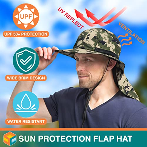 SUN CUBE UPF50+ Sun Hat for Men Women with Neck Flap, Wide Brim UV Protection Fishing Safari Hat for Hiking Beach Gardening - color: Green Camo