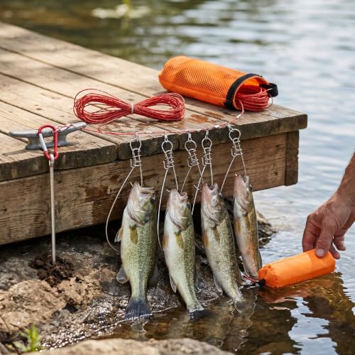 Fish Stringer with 10 Detachable Stainless Steel Hooks, 16.4ft PVC Coated Rope High Strength Fishing Lock for Kayak Fishing