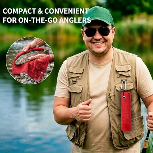 Fishing Towel with Clip,16" X 16",Waffle Pattern Effective Cleaning of Fishing Gear Accessories,Microfiber Absorbent Camping Towel for Men,Hiking Towel,Golf Towel,Red - color: Red
