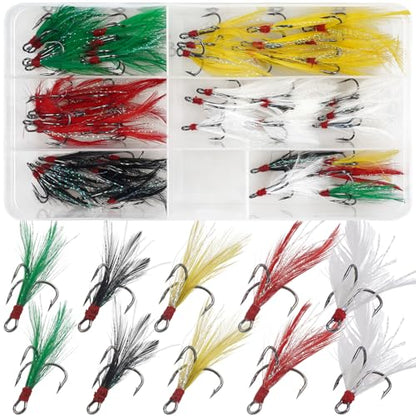 Fishing Treble Hooks Kit 50pcs Feather Dressed High Carbon Steel Triple Barbed Hooks Strong Sharp Round Bend for Catfish Trout Hard Baits Lures Freshwater Saltwater Fishing