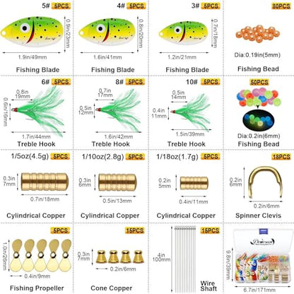 Dovesun Fishing Lure Making Kit DIY Spinner Making Kit, Inline Spinner Baits for Bass Fishing Trout Salmon Freshwater Gift for Men 228pcs/155pcs/107pcs - color: A-228PCS-Smile Blades-Inline Spinners Making Kit