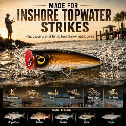 Topwater Popper Fishing Lure, 4in 0.81oz ABS Floating Saltwater Bait with BKK 3X #4 Treble Hooks, Foil-Stamped Finish for Inshore Striped Bass Redfish Snook Tarpon - color: A1-1PCS/0.81OZ-4"