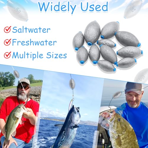 25Pcs 5 Size Egg Fishing Sinker Weights Assortment | Oval Shaped Bullet Bass Casting Fishing Weights for Saltwater Freshwater