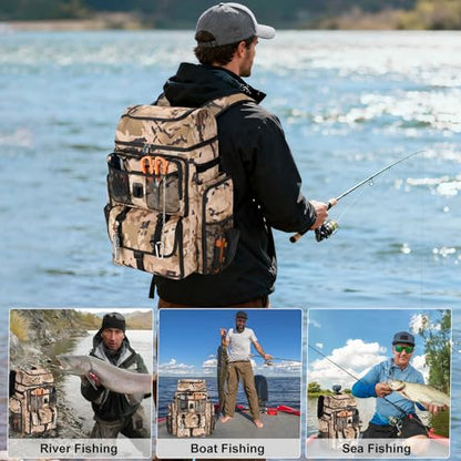 VJI Fishing Tackle Backpack with Rod Holder, Large Tactical Backpack, Fishing Gear Tackle Box Tactical Backpack, Water Resistant Sport Bag and Equipment - color: Khaki Camo