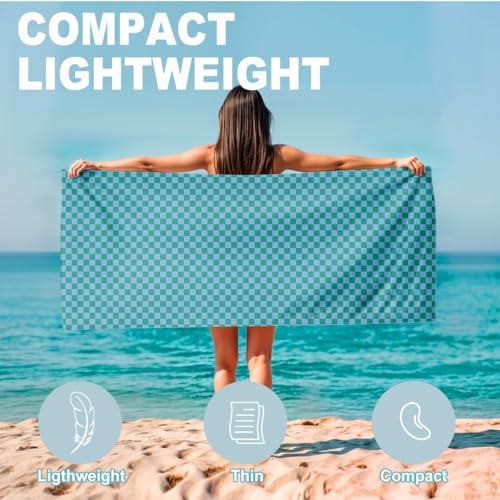 Microfiber Beach Towel Sand Free Quick Dry Oversized Soft Lightweight Teal Light Blue Geometric Checkerboard Pattern for Travel Swim Yoga Pool 71 x 32 Inches 1 Pcs - color: Lake Blue