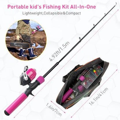 Kids Fishing Pole Kit, 59'' Telescopic Rod and Reel Beginner Combo with Spincast Reel,Tackle Box, Carrier Bag,Fishing Gear for Boys,Girls, Toddler,Youth - color: Pink