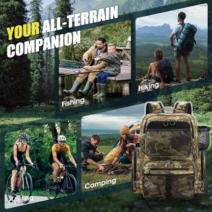RAINSMORE 45L Fishing Backpack with Rod Holders & Rain Cover Large 900D Water-resistant Fishing Tackle Bag Store Fishing Gear - color: Khaki Camouflage