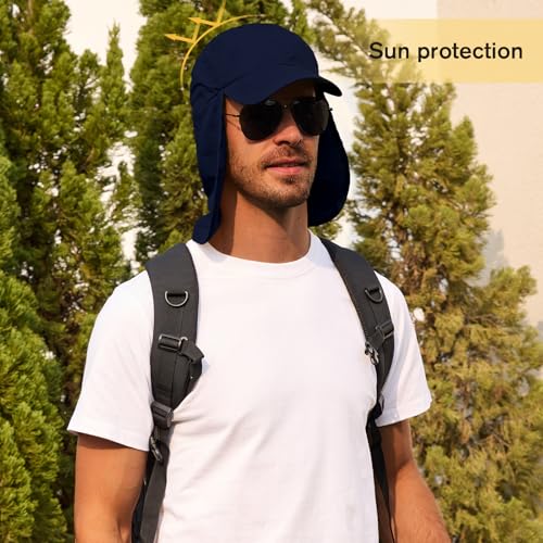 American Trends Mens Sun Hat with Neck Flap, UV Protection Outdoor Flap Hat, Packable Soft Fishing Hiking Gardening Hat - color: Navy