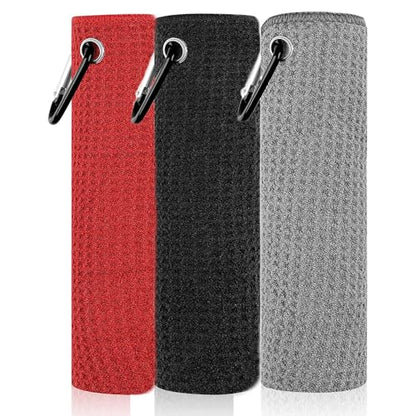 Livious 3 Pack Golf Towels,16" x 16" Portable Microfiber Fabric Waffle Pattern Golf Towel for Golf Bag with Carabiner Clip - color: Black/Gray/Red