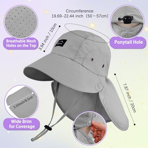 Kids Sun Hat with Detachable Neck Flap for Boys & Girls Wide Brim Fishing Hat for Kids Water Resistant UV Protection - color: 1 Pack-dark Gray